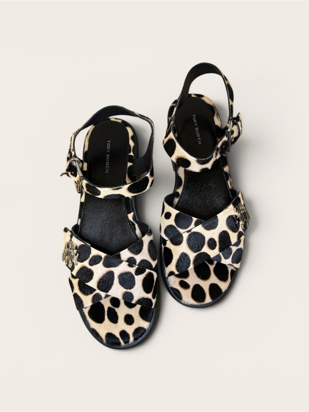 Tory Burch Black and Cream Leopard Platform Sandals (leather and cow hide fur)
